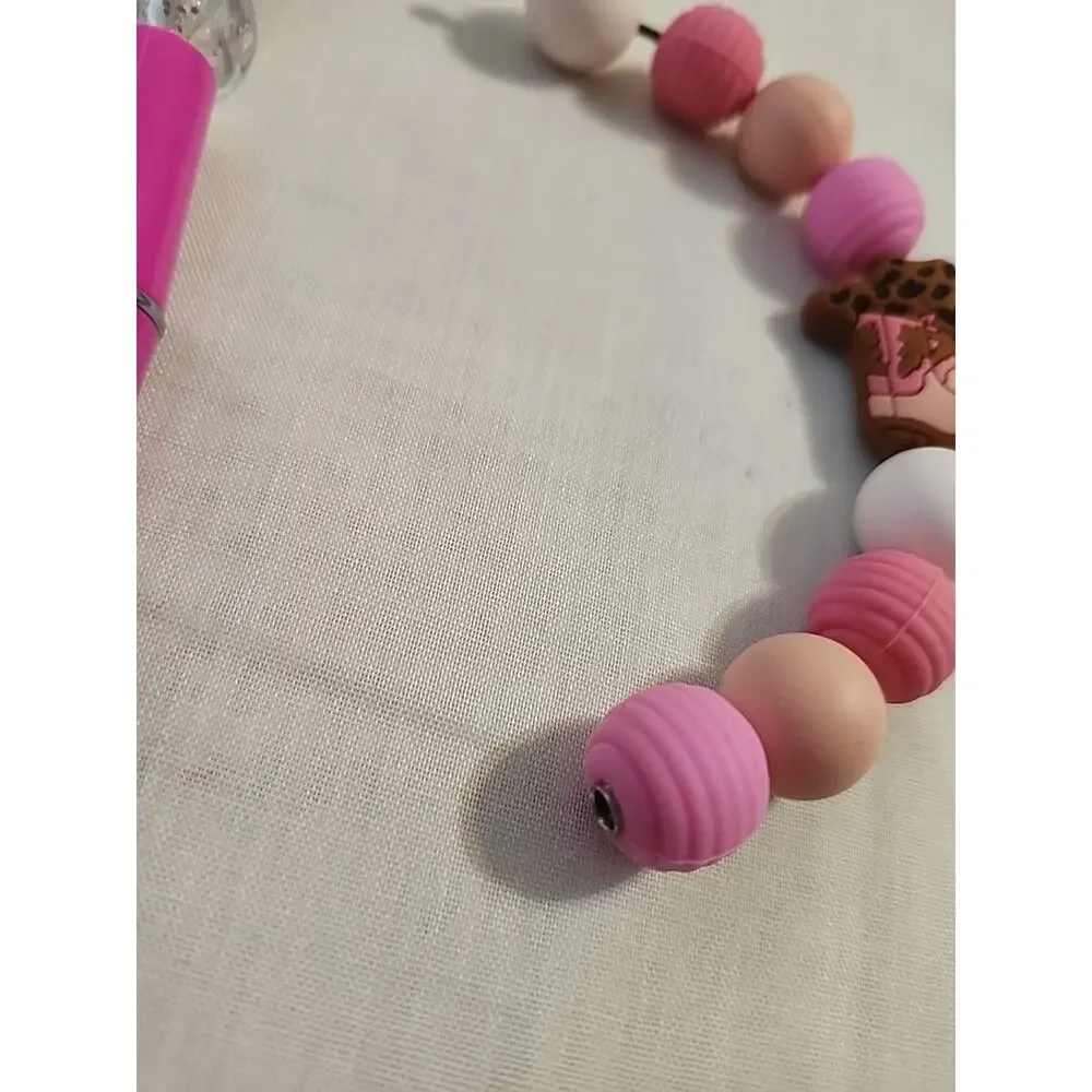Bead Pen & Cup Charm Matching Combo Pink & Brown Cowgirl Boot Silicone Beads